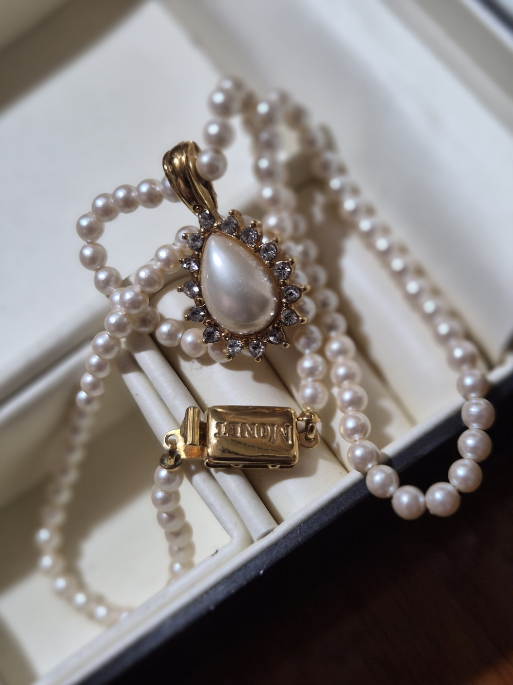Monet Gold and White Pearl Teardrop Pendant Necklace